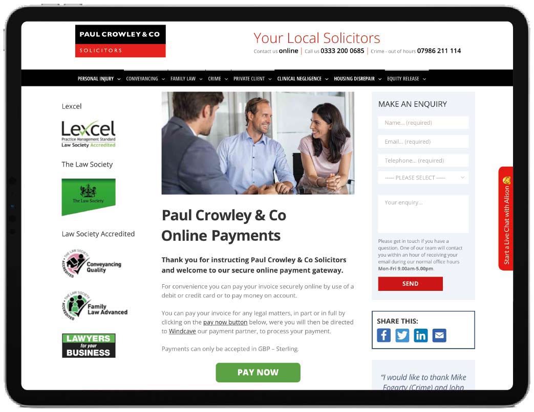 Tablet with Paul Crowley & Co Online Payments page
