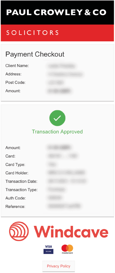 Payment window confirmation of transaction approved